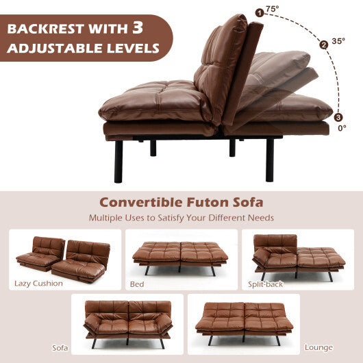 Convertible Memory Foam Futon Sofa Bed with Adjustable Armrest-Brown - Color: Brown