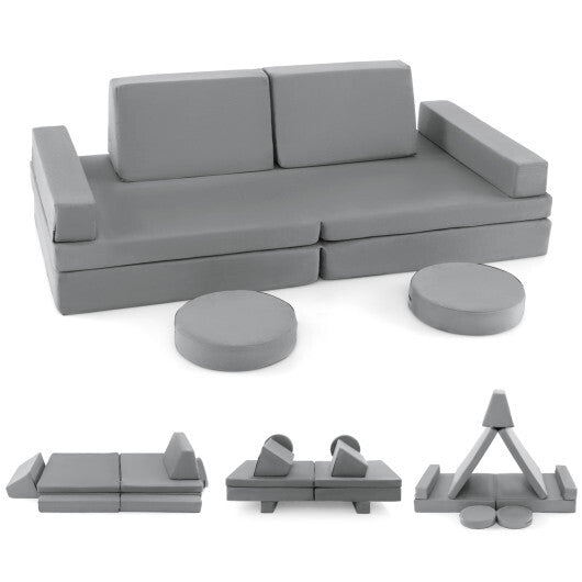 10-Piece Kids Play Couch Sofa with Portable Handle-Gray - Color: Gray