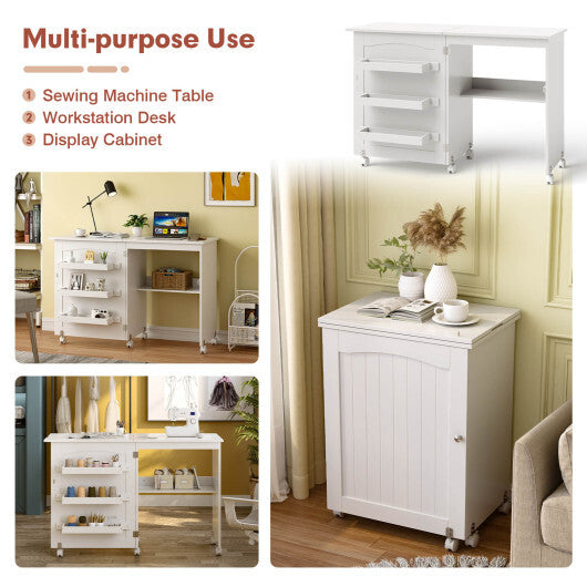 White Folding Swing Craft Table Storage Shelves Cabinet - Color: White