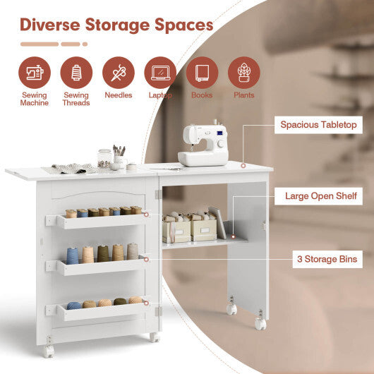 White Folding Swing Craft Table Storage Shelves Cabinet - Color: White