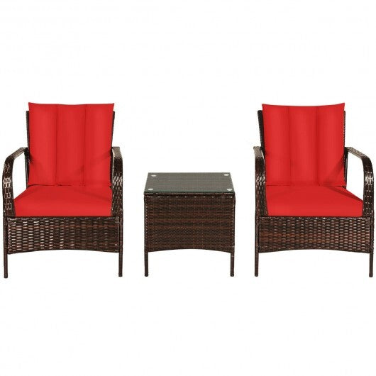 3 Pcs Patio Conversation Rattan Furniture Set with Glass Top Coffee Table and Cushions-Red - Color: Red