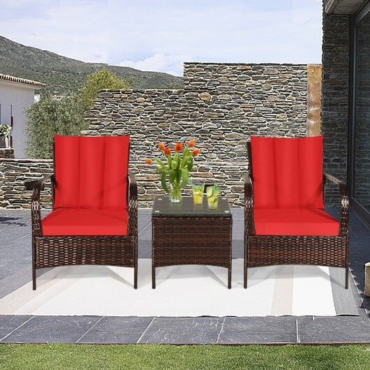 3 Pcs Patio Conversation Rattan Furniture Set with Glass Top Coffee Table and Cushions-Red - Color: Red