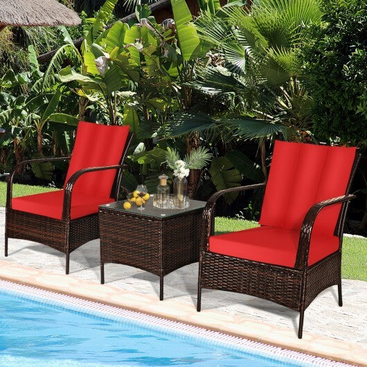 3 Pcs Patio Conversation Rattan Furniture Set with Glass Top Coffee Table and Cushions-Red - Color: Red