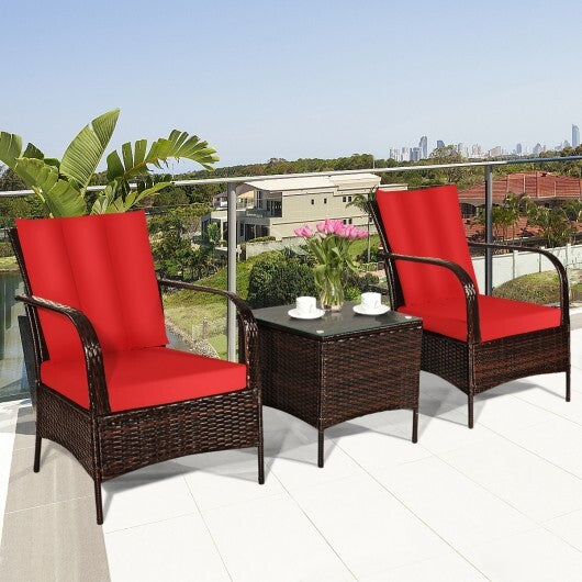 3 Pcs Patio Conversation Rattan Furniture Set with Glass Top Coffee Table and Cushions-Red - Color: Red