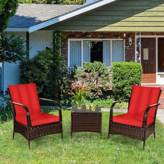 3 Pcs Patio Conversation Rattan Furniture Set with Glass Top Coffee Table and Cushions-Red - Color: Red