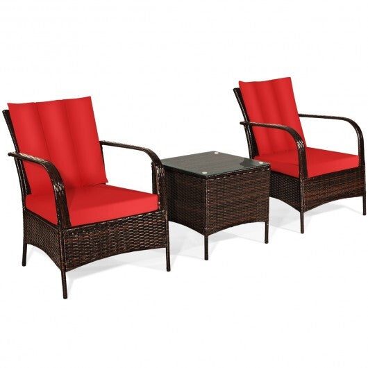 3 Pcs Patio Conversation Rattan Furniture Set with Glass Top Coffee Table and Cushions-Red - Color: Red