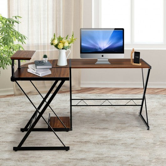 L-Shaped Desk Reversible Corner Computer Desk with Movable Shelf and CPU Stand-Walnut - Color: Walnut