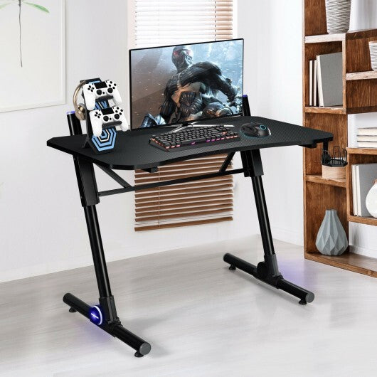 43.5 Inch Height Adjustable Gaming Desk with Blue LED Lights - Color: Black