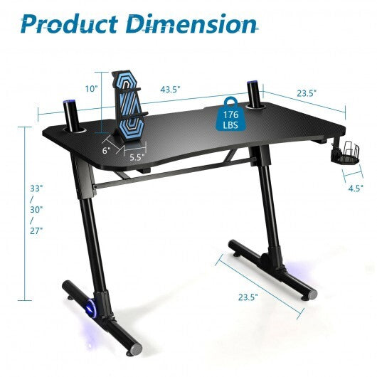 43.5 Inch Height Adjustable Gaming Desk with Blue LED Lights - Color: Black