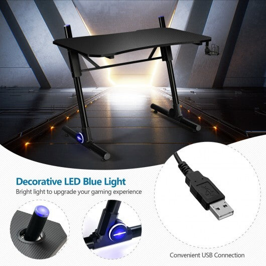 43.5 Inch Height Adjustable Gaming Desk with Blue LED Lights - Color: Black