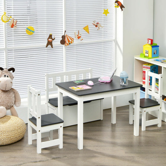 4 Pieces Kids Wooden Activity Table and Chairs Set with Storage Bench and Study Desk-Gray - Color: Gray