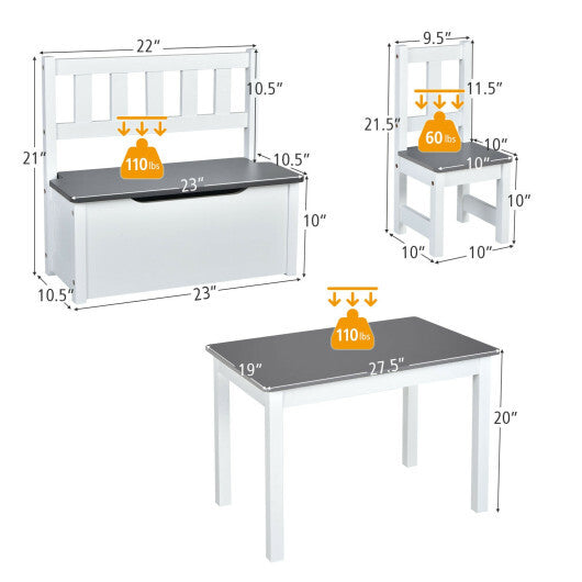 4 Pieces Kids Wooden Activity Table and Chairs Set with Storage Bench and Study Desk-Gray - Color: Gray