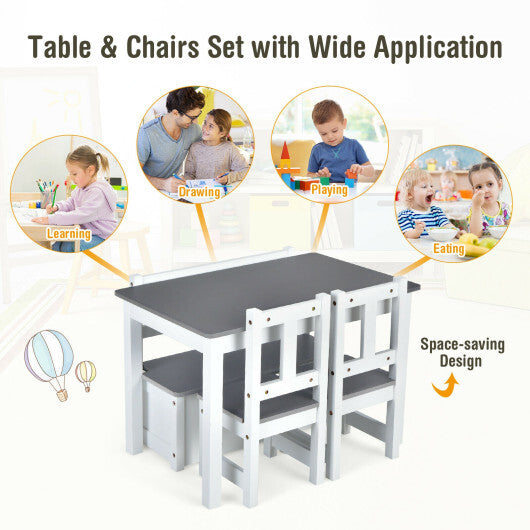 4 Pieces Kids Wooden Activity Table and Chairs Set with Storage Bench and Study Desk-Gray - Color: Gray