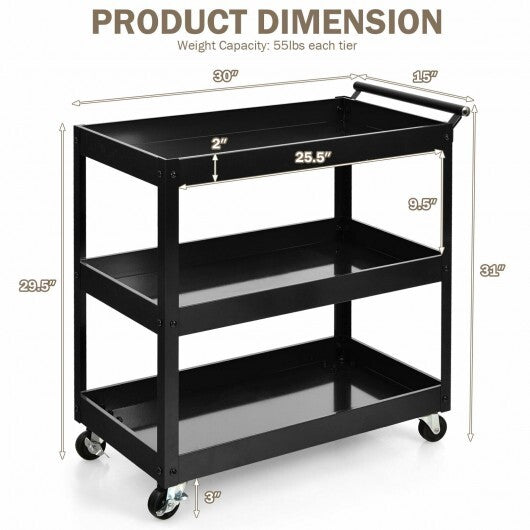 3-Tier Utility Cart Metal Mental Storage Service Trolley-Black - Color: Black