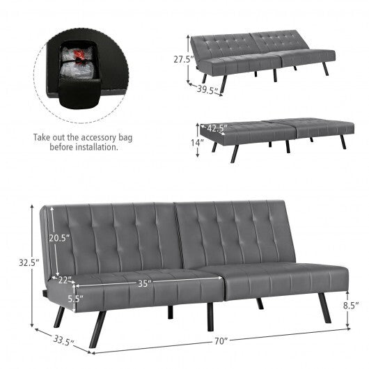 Futon Sofa Bed PU Leather Convertible Folding Couch Sleeper Lounge-Gray - Color: Gray