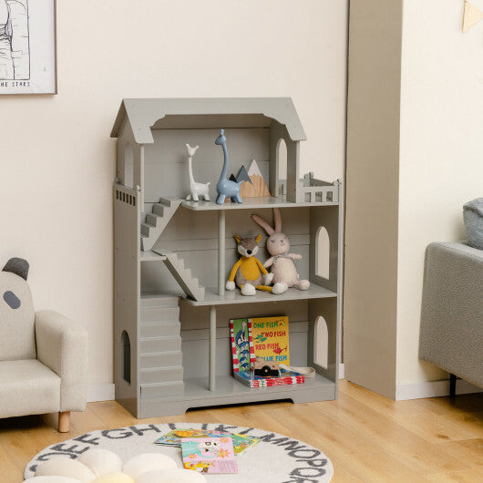 Kids Wooden Dollhouse Bookshelf with Anti-Tip Design and Storage Space-Gray - Color: Gray