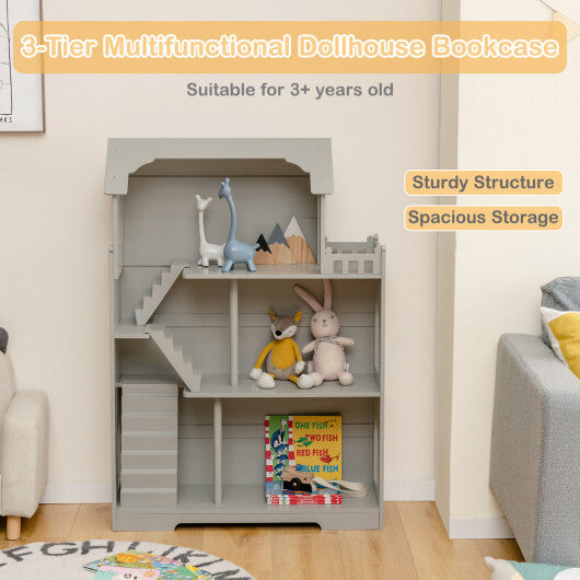 Kids Wooden Dollhouse Bookshelf with Anti-Tip Design and Storage Space-Gray - Color: Gray