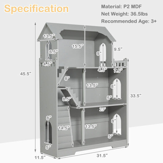 Kids Wooden Dollhouse Bookshelf with Anti-Tip Design and Storage Space-Gray - Color: Gray