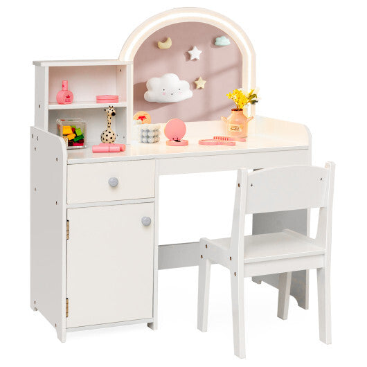 Kids Vanity Table and Chair Set with Shelves Drawer and Cabinet-Pink