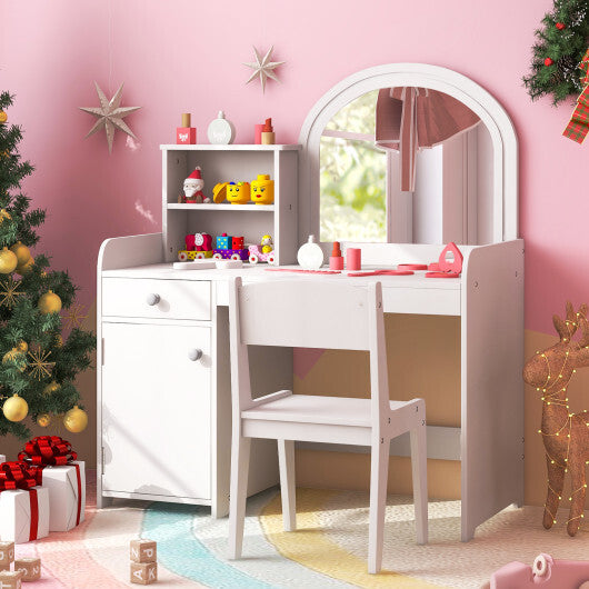 Kids Vanity Table and Chair Set with Shelves Drawer and Cabinet-Pink