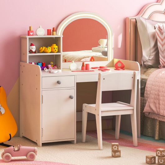 Kids Vanity Table and Chair Set with Shelves Drawer and Cabinet-Pink