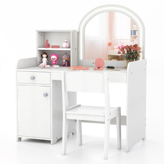 Kids Vanity Table and Chair Set with Shelves Drawer and Cabinet-Pink