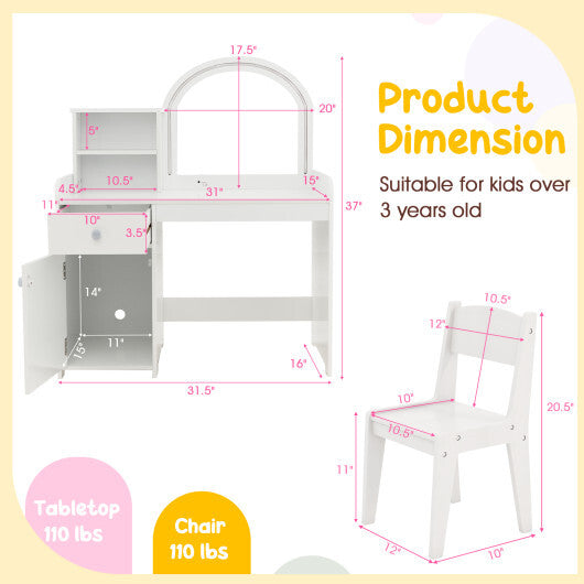 Kids Vanity Table and Chair Set with Shelves Drawer and Cabinet-Pink