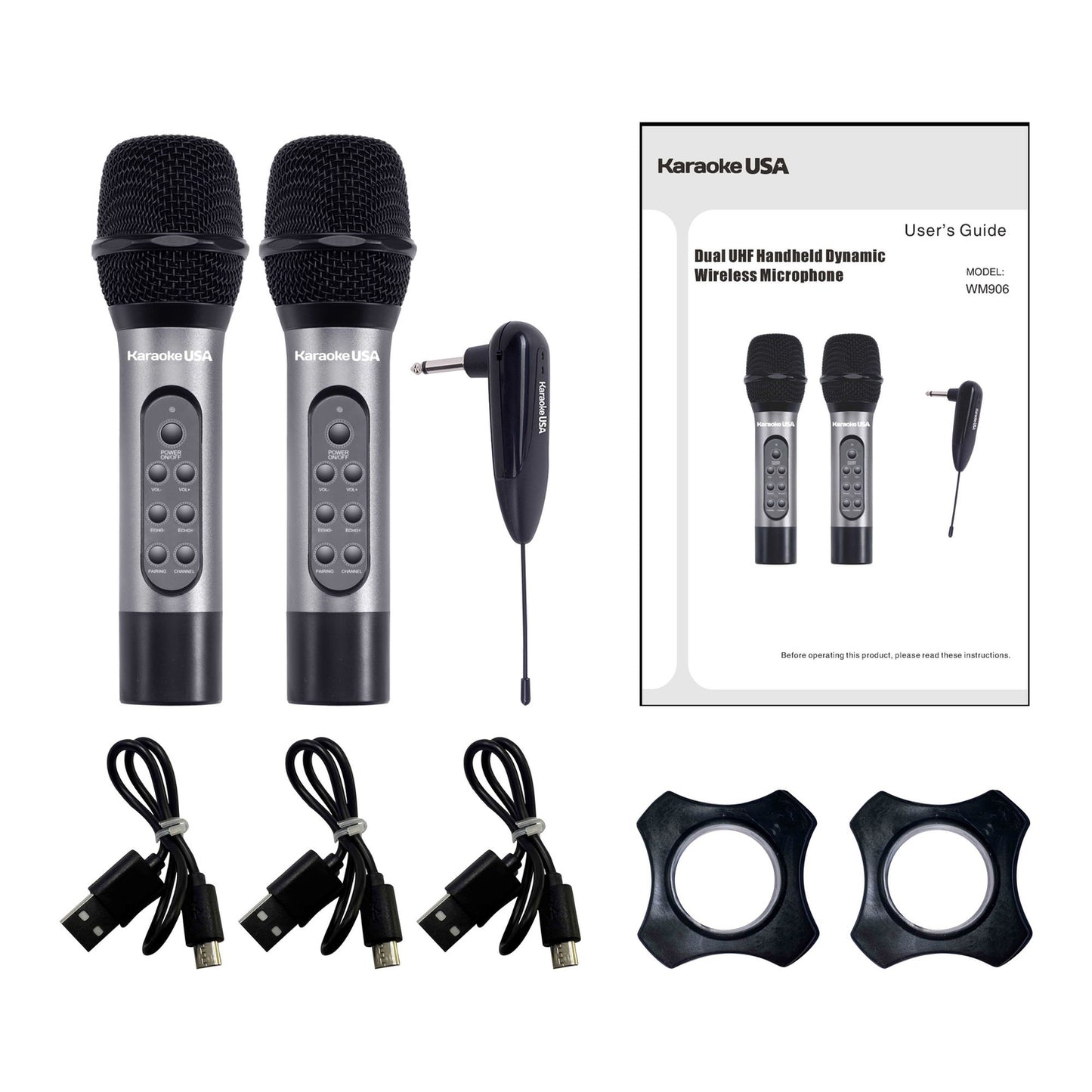 Karaoke USA WM906 WM906 Dual Professional 900 MHz UHF Wireless Handheld Microphones with Rechargeable Batteries