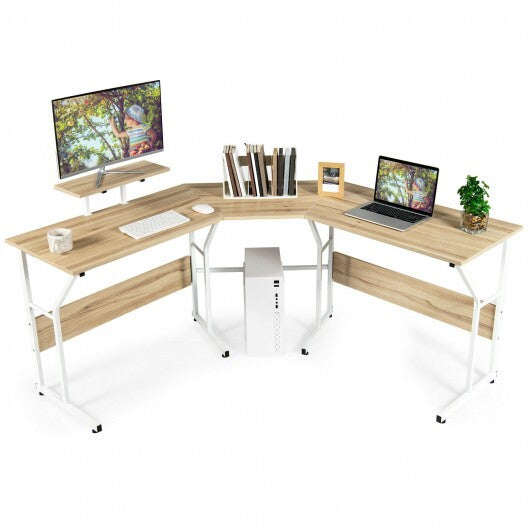 88.5 Inch L Shaped Reversible Computer Desk Table with Monitor Stand-Natural - Color: Natural