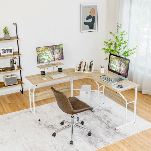 88.5 Inch L Shaped Reversible Computer Desk Table with Monitor Stand-Natural - Color: Natural