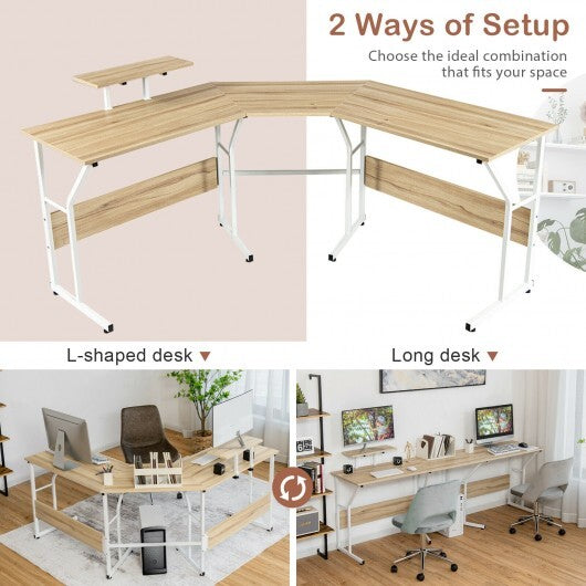 88.5 Inch L Shaped Reversible Computer Desk Table with Monitor Stand-Natural - Color: Natural