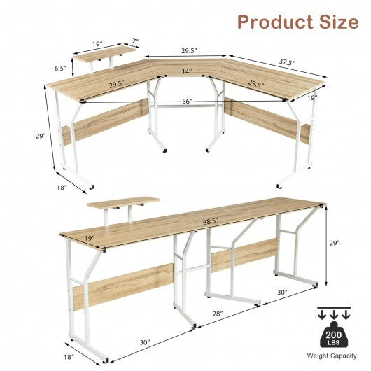 88.5 Inch L Shaped Reversible Computer Desk Table with Monitor Stand-Natural - Color: Natural