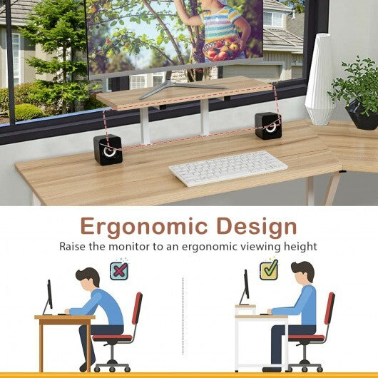 88.5 Inch L Shaped Reversible Computer Desk Table with Monitor Stand-Natural - Color: Natural