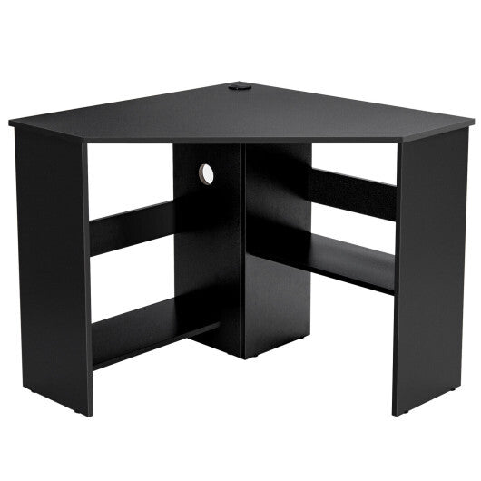 Corner Computer Desk Triangle Writing Workstation with Storage Shelf-Black - Color: Black