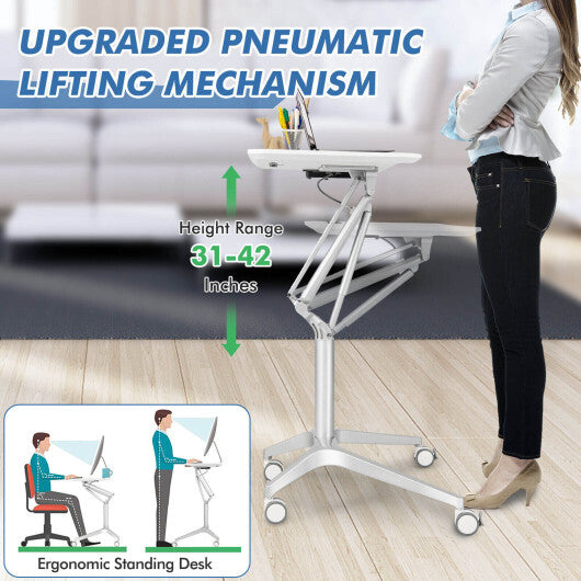 Mobile Standing Laptop Desk with Tablet Holder and 4 Rolling Casters-White - Color: White