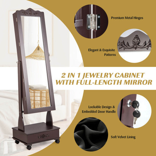 Rolling Floor Standing Mirrored Jewelry Armoire with Lock and Drawers-Brown - Color: Brown