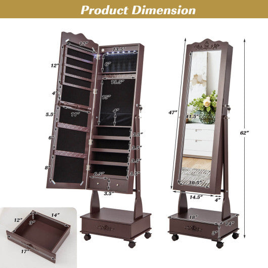 Rolling Floor Standing Mirrored Jewelry Armoire with Lock and Drawers-Brown - Color: Brown