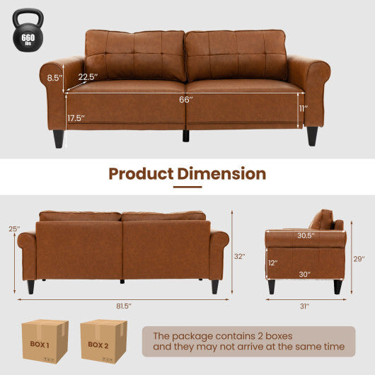 PU Leather Modern 3-Seater Sofa Couch with 2 Detachable Back Pillows-Brown - Color: Brown