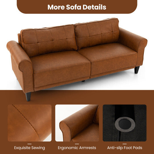 PU Leather Modern 3-Seater Sofa Couch with 2 Detachable Back Pillows-Brown - Color: Brown