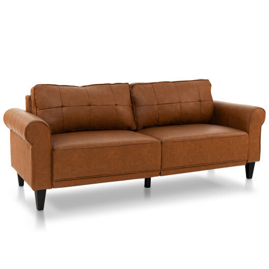 PU Leather Modern 3-Seater Sofa Couch with 2 Detachable Back Pillows-Brown - Color: Brown