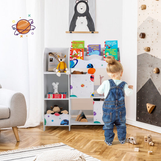 Kids Toy and Book Organizer Children Wooden Storage Cabinet with Storage Bins - Color: White