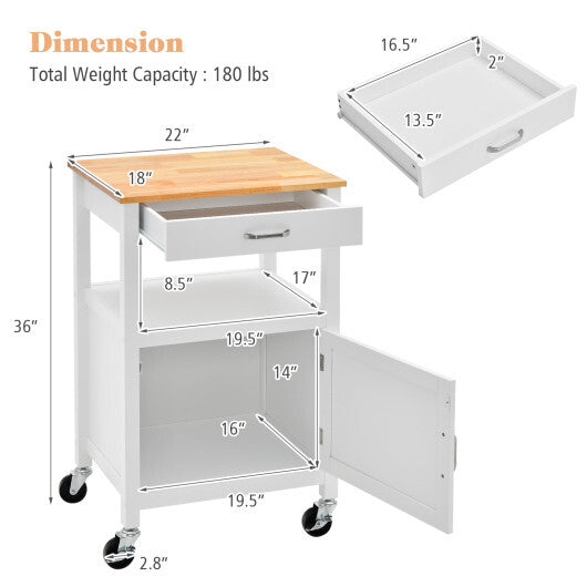 Rolling Kitchen Island Cart with Drawer and Side Hooks-White