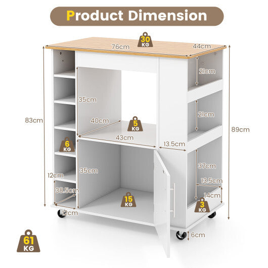 Kitchen Cart on Wheels with Bamboo Top and 6-Bottle Wine Rack-White