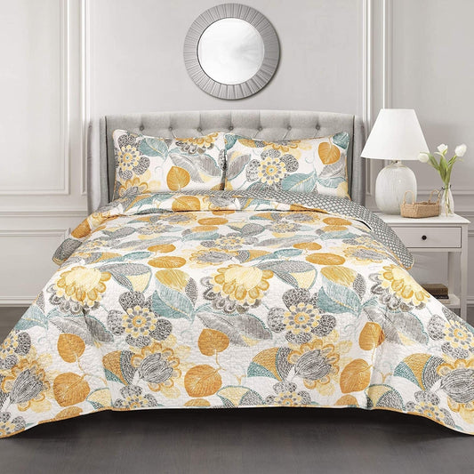 3 Piece Reversible Yellow Grey Floral Cotton Quilt Set in King Size