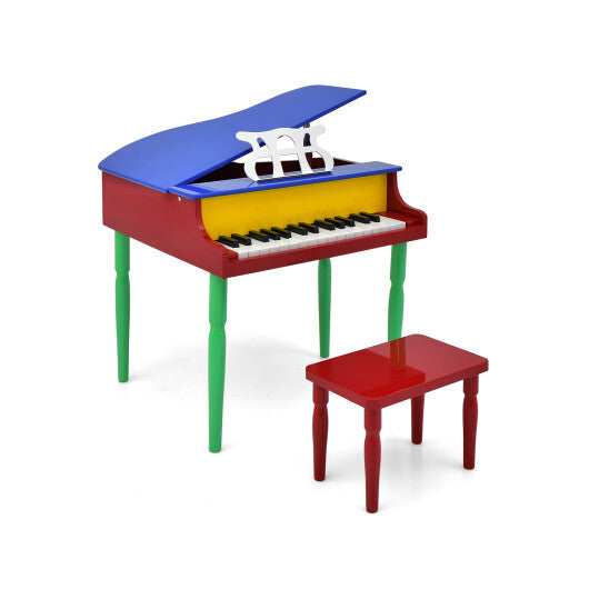 30-Key Wood Toy Kids Grand Piano with Bench and Music Rack-Multicolor - Color: Multicolor