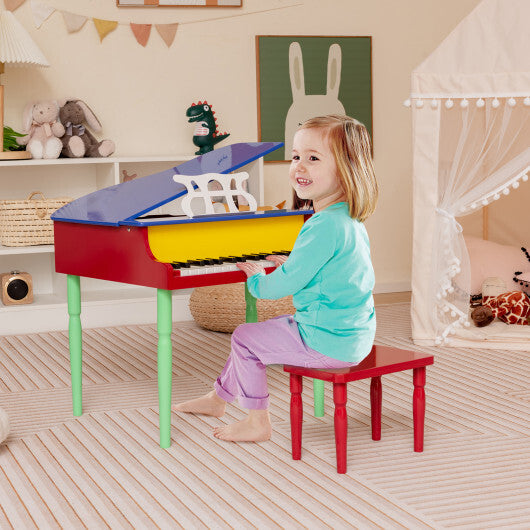 30-Key Wood Toy Kids Grand Piano with Bench and Music Rack-Multicolor - Color: Multicolor