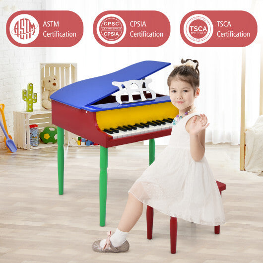 30-Key Wood Toy Kids Grand Piano with Bench and Music Rack-Multicolor - Color: Multicolor