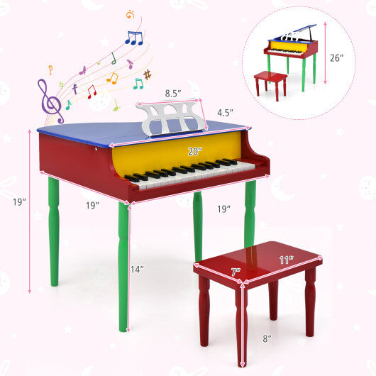 30-Key Wood Toy Kids Grand Piano with Bench and Music Rack-Multicolor - Color: Multicolor