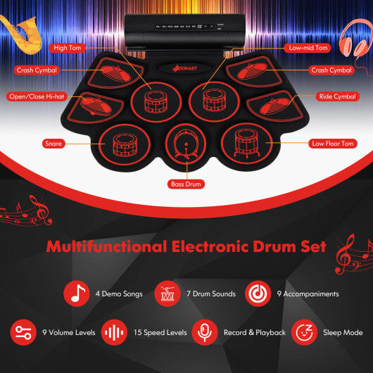 Electronic Drum Set with 2 Build-in Stereo Speakers for Kids-Red - Color: Red