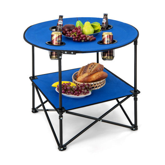 2-Tier Portable Picnic Table with Carrying Bag and 4 Cup Holders-Blue - Color: Blue